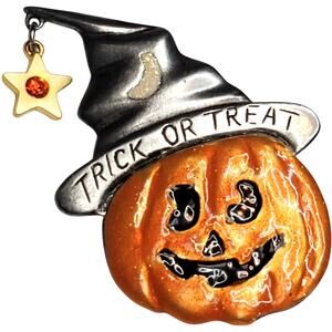Trick or Treat Jack o Lantern Witch Hat Brooch Enamel Halloween AJMC 2" Vtg